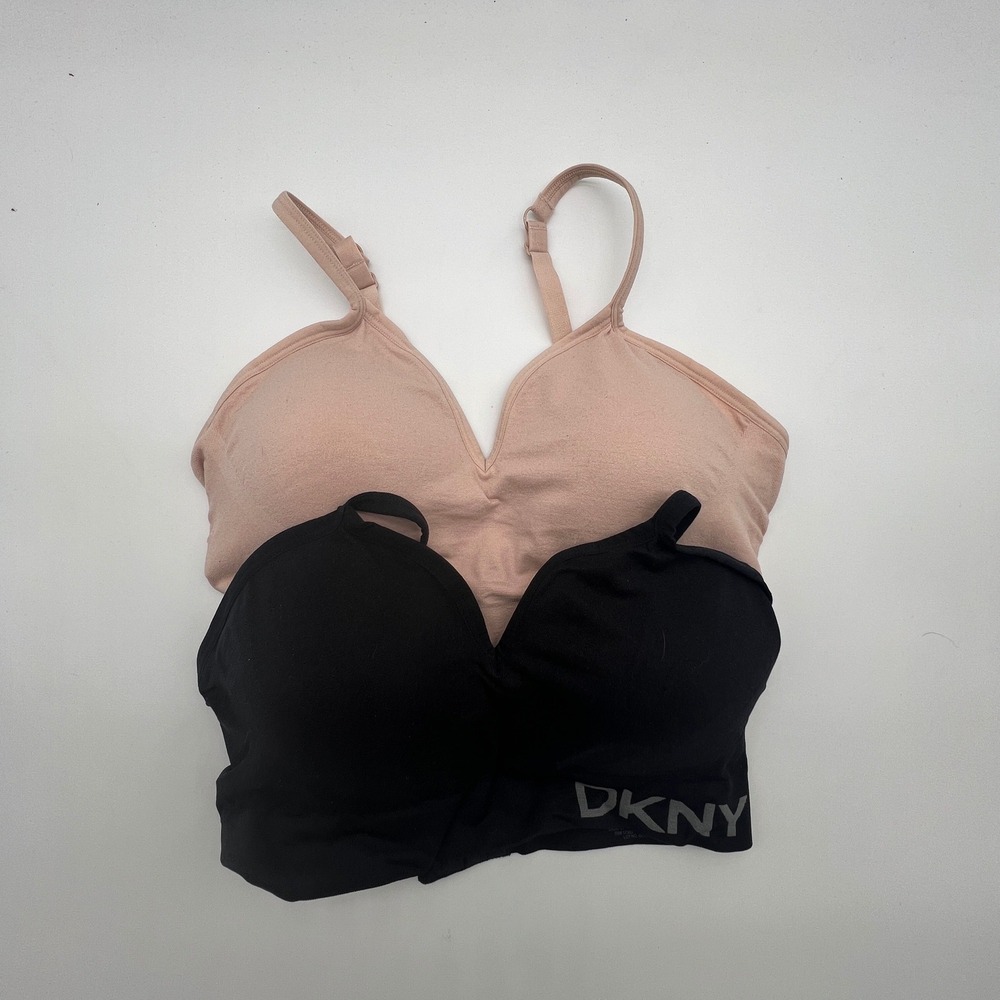 DKNY Seamless Bralette Set 2 Pack Black Nude XL Adjustable Straps Logo Underband